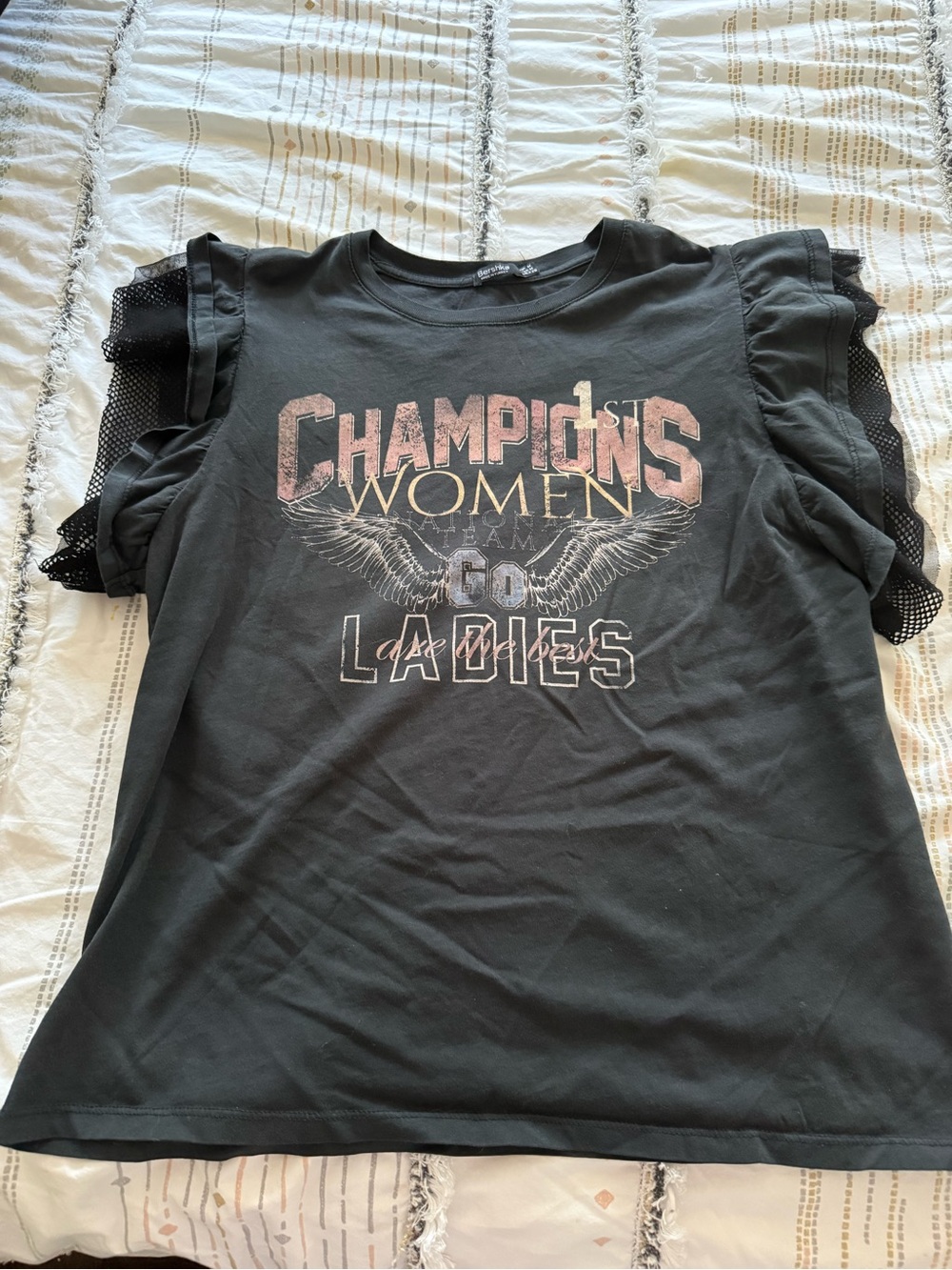 Bershka Black 'Champions Women' Graphic Tee with Ruffle Mesh Sleeves